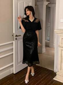 DAZY 女士二合一亮片拼接晚礼服舞会礼服优雅吊带裙新年除夕礼服嘉年华