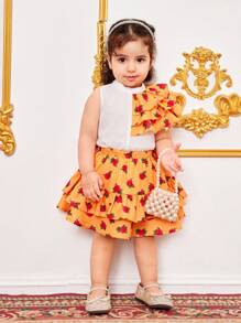SHEIN Leap Crew Babygirl Summer Cute Ruffle Top And Elastic Waist Skirt Set - Orange - View 4