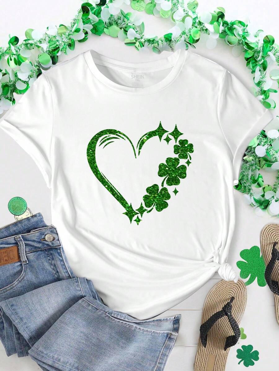 SHEIN LUNE Plus Size Women's Four Leaf Clover &Heart-Shape Happy St. Patrick's Day Print Pattern Short Sleeve, Simple Casual Round Neck Summer T-Shirt Top