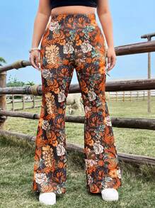 Flirla Plus Size Floral Print Flare Pants, Casual Holiday Style Fall Cloth For Women