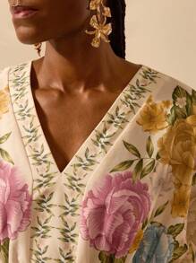 CAJUNI Women's Boho Floral Print V-Neck Loose Beach Mini Dress, Casual For Summer Vacation - Multicolor - View 4