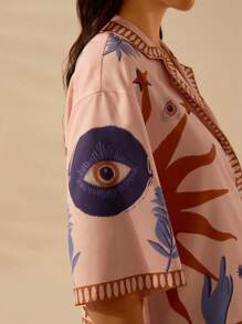 CAJUNI 女士波西米亚风恶魔之眼、太阳、星星、小鸟印花、节日休闲夏季宽松粉色衬衫 - 彩色 - 查看 5