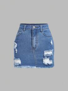 SHEIN MOD Jupe en jean mini ajustée, lavée et déchirée, style casual, grande taille