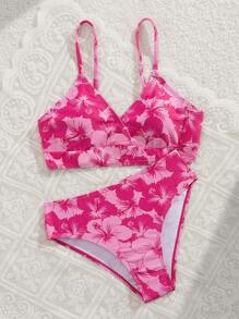 SHEIN Tween Girls V-Neck Tropical Flower Print Bikini Set Summer Beach, Vacation Summer, Retro Holiday Bikini Set, Bathing Suit For TWEEN Girls Bikini Sets