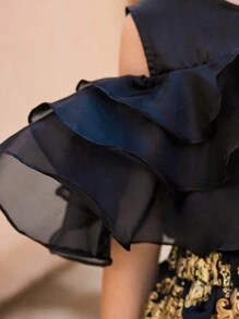 SHEIN Conjunto de 2 piezas: Blusa con paneles de organza y falda de satén con estampado dorado en lámina, diseño adecuado para fiestas, reuniones, festivales, Ramadán - Rosa - Ver 3