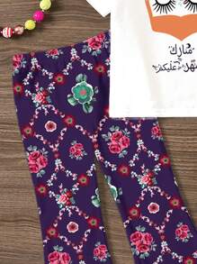 SHEIN Leap Crew 2pcs/Set Young Girl Cute Octopus & Rose Pattern Casual Cartoon Print Round Neck Short Sleeve Top And Flare Pants, Suitable For Spring & Summer - Multicolor - View 4