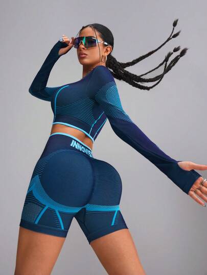 Innovista Conjunto de 2 piezas de ropa deportiva para mujer, camiseta deportiva sin costuras y pantalones cortos tipo malla, conjunto de entrenamiento de alta elasticidad con soporte, parte superior e inferior transpirable y de secado rápido, ropa interior, pantalones, ciclismo, bicicleta, correr