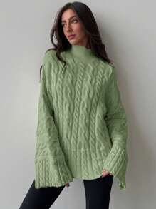 Aloruh Minimalist Apricot Retro Cable Knit Long Sleeve Sweater, Autumn/Winter - Mint Green - View 7