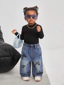 SHEIN Baby Girl Butterfly Print Blue Denim Wide Leg Pants - Medium Wash - View 4