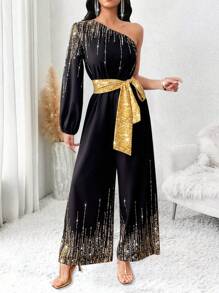 Lyxana 肩部镂空收腰闪亮印花连体裤 - 黑色 - 查看 4