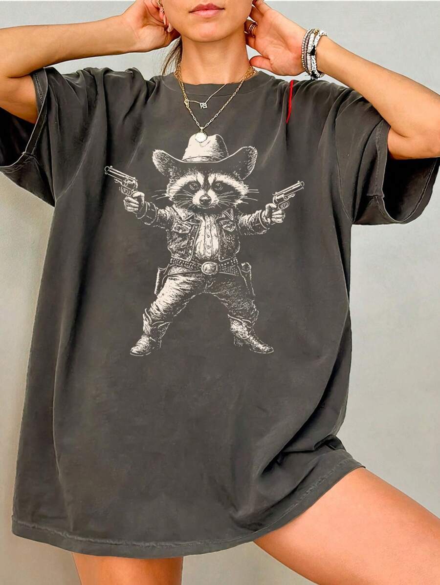 SHEIN LUNE Women's Raccoon Print Casual Loose Round Neck Drop Shoulder T-Shirt - Dark Grey - View 1