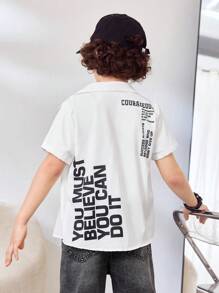 SHEIN 男童白色字母印花休闲短袖衬衫 - 白色 - 查看 1