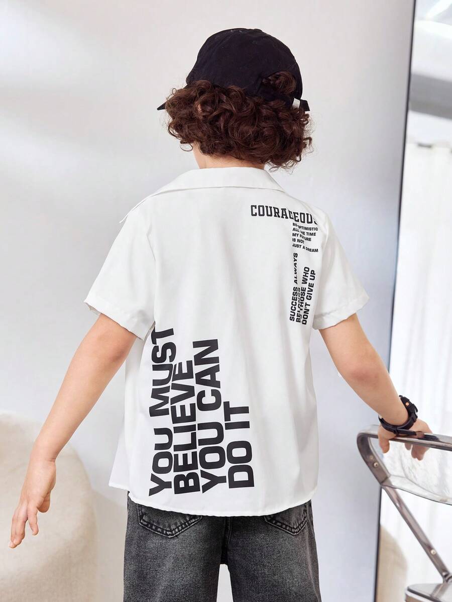 SHEIN 男童白色字母印花休闲短袖衬衫 - 白色 - 查看 1
