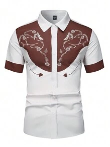 Manfinity Nomadique Camisa casual de manga corta con botones al frente, bloqueo de color y parches, para uso diario de los hombres - Multicolor - Ver 5