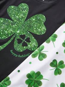 SHEIN 2 件套年轻男孩四叶草圣帕特里克节印花 T 恤，圆领短袖针织，休闲日常百搭图案 T 恤，春夏季，适合外出、家居服、圣帕特里克节、拍照 - 綠色 - 查看 6
