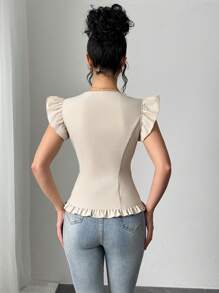 Chiquease Women's Elegant Ruffle Collar Slim Fit Blouse - Apricot - View 2