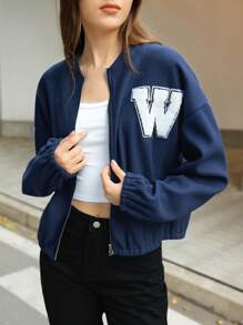 INAWLY Women's Autumn/Winter Letter Embroidered Casual Short Baseball Collar Jacket Fall Cloth For Women - Navy Blue - View 5