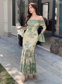 DAZY St. Patrick's Day Floral Mesh Dress With Flared Sleeves & Off Shoulder Neckline For Women Elegant,Ruffle,Fall Dress Long Sleeve Dress Easter - Green - View 4