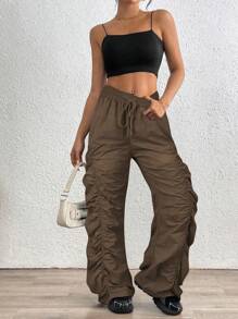 SHEIN Unity Pleated Drawstring Casual Pants, Solid Color Minimalist Fashion Everyday Wear - Brown - View 6
