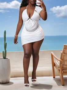 Slaydiva Robe d'été légère et polyvalente pour femmes, idéale pour les vacances, les croisières et la plage. Robe blanche translucide sexy à encolure en V profond - Blanc - Voir 2