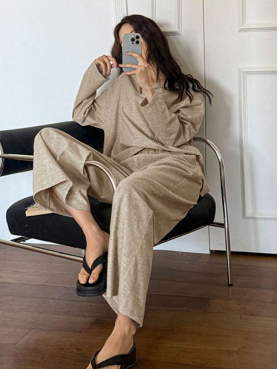 DAZY Simple Loose Knit Trim Loungewear Set Pajama - Khaki - View 1