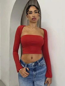 Glamine 2 Pieces Sets Red Color Cut Out  Long Sleeve Crop Top,Going Out T-Shirt,Basic Top,Date Night Outfits,Rave Outfits Festival,Valentine's Day T-Shirt