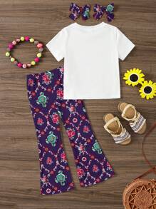 SHEIN Leap Crew 2pcs/Set Young Girl Cute Octopus & Rose Pattern Casual Cartoon Print Round Neck Short Sleeve Top And Flare Pants, Suitable For Spring & Summer - Multicolor - View 2