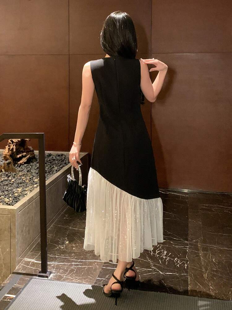 Sleeveless Sequin Patchwork Round Neck Dress For Women Prom Dress Elegant Women Dresses Cocktail Dress