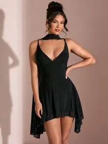 SHEIN BAE 夏季海滩度假优雅纯黑色深 V 领缎带迷你连衣裙，适合日常约会、夜间外出、夜总会、派对、聚会、鸡尾酒会、节日连体裤、泳池派对、办公室穿着、通勤连衣裙