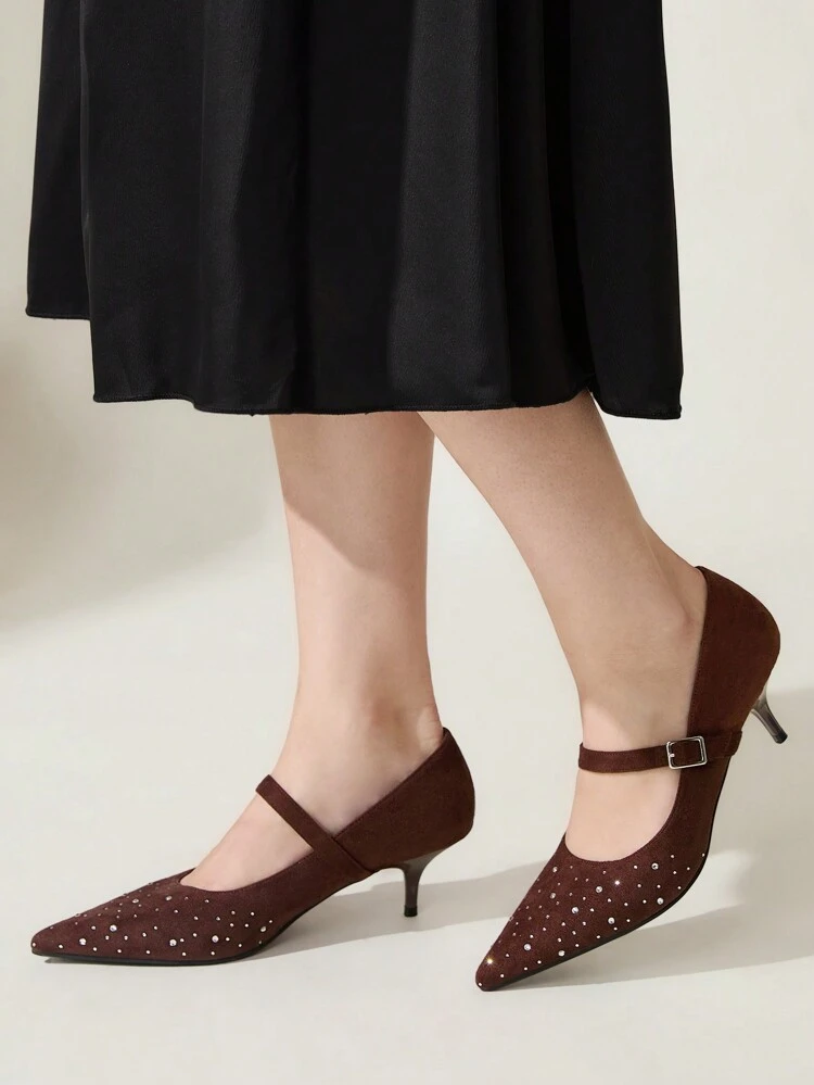 CUCCOO CHICEST Brown Pointed Toe Rhinestone Velvet Comfortable Versatile Strap Low Kitten Heel Flats