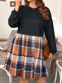 SHEIN LUNE Plus Size Knit & Woven Patchwork Fitted Casual Dress