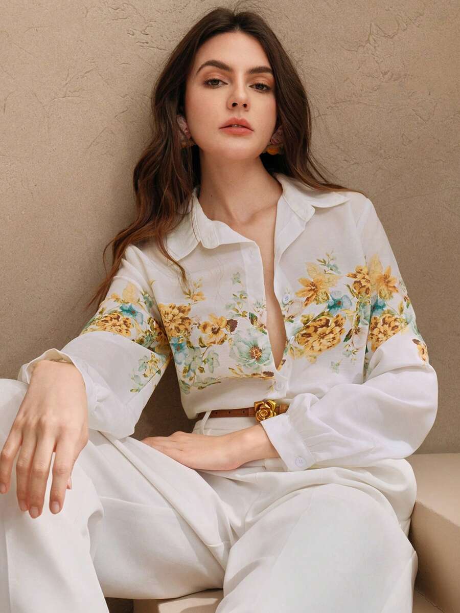 Anewsta Camisa de manga larga con estampado floral elegante y romántico, blusa de primavera para mujer - Albaricoque - Ver 1