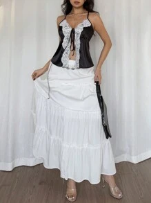 Chiquease Áo ba lỗ vải dệt màu đen trắng gợi cảm cho nữ, mùa xuân/hè, phối ren, màu tương phản, ngực trước, dây đeo chéo, hở lưng - màu đen - Xem 3