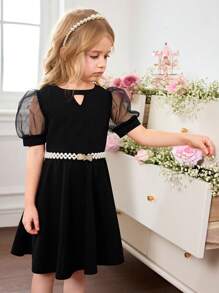 SHEIN Fern Glow  Young Girl's Cute Black Mesh Short Sleeve Dress, Summer - Black - View 3