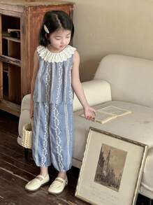 DAZY 2pcs Young Girl Solid Color Patchwork Round Neck Sleeveless Top And Long Pants Set,Girls Summer Outfits