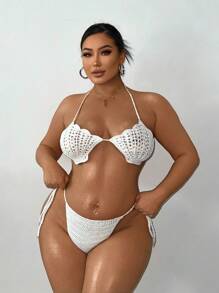 Swim SXY 夏季 2 件套大码性感钩针编织贝壳图案沙滩罩衫 - 白色 - 查看 2