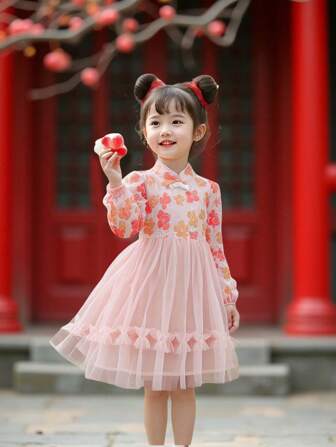 SHEIN Young Girl Festival Elegant Pink Patchwork Ditsy Floral 3D Embellished Mesh Cake Dress, Vintage Chinese Style Hanfu Princess Dress, Suitable For Spring, Sweet Girl, For New Year