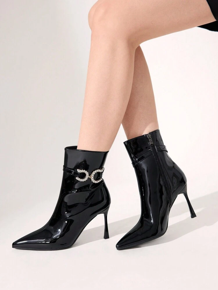 CUCCOO CHICEST Elegant, Glossy Patent Leather Pointed Toe Women Ankle Boots With Rhinestone Buckle Details For Christmas And New Year Holiday Vibe Fall And Winter Valentines