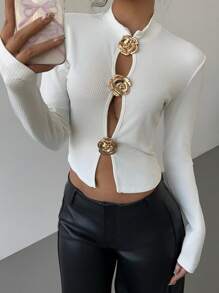 Aloruh Women Small Collar Metal Rose Decor Hollow T-Shirt, Autumn/Winter New Arrival