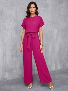 SHEIN Clasi Women's Elegant Round Neck Pink Jumpsuit With Self-Tie Belt And Wide Leg Design - Hot Pink - View 3