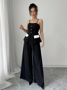 Rafferiza 2pcs Women's Resort Sexy Commuting Elegant Casual And Office Outfit Black And White Contrast Button Camisole And Wide Leg Pants Set