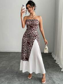 SHEIN LUNE Standard Sized Women Leopard Print Strapless Bodycon Dress With Cinched Waist And Open Slit Hem - Multicolor - View 5