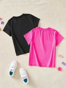 SHEIN Tween Girl Casual Slogan Print Short Sleeve T-Shirt - Multicolor - View 2