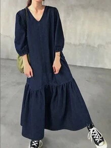 FRIFUL Women Loose Long Denim Dress With Puff Sleeves Ruffle Hem, Spring & Summer,Back To School Clothes - Medium Wash - View 4