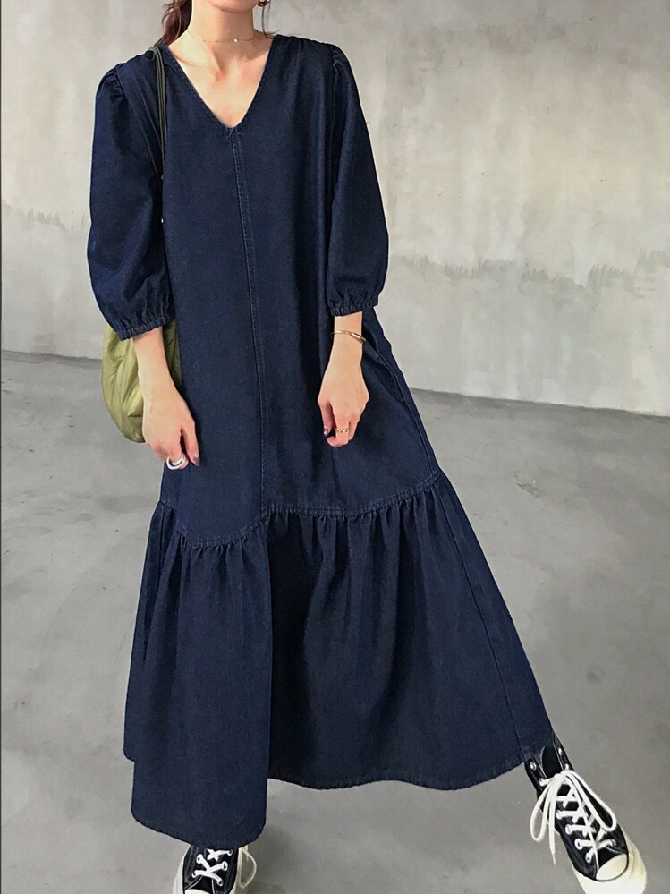 FRIFUL Women Loose Long Denim Dress With Puff Sleeves Ruffle Hem, Spring & Summer,Back To School Clothes - Medium Wash - View 4