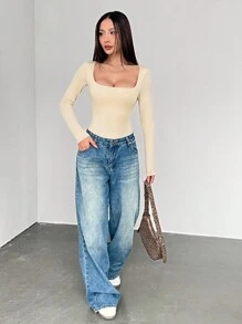 Flirla 1 件女士棕色长袖紧身衣，修身简约风格，通勤百搭 - 杏色 - 查看 3