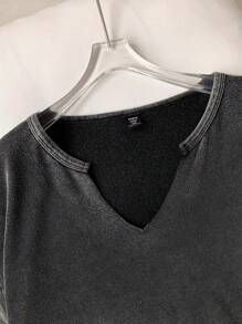 Comfortcana Camiseta de manga corta con cuello en V de algodón, de talla grande, con lavado ácido y efecto desgastado, de corte holgado, para primavera/verano