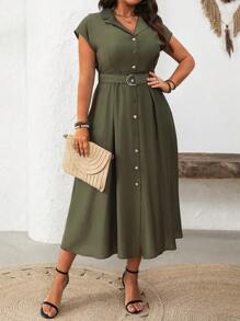 Vionelle 大码女式春夏法式优雅通勤休闲 V 领收腰连衣裙，配银色 D 型扣腰带和金属纽扣 A 字裙 - 軍綠色 - 查看 5