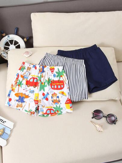 SHEIN Playful Pals Set de 3 pantalones cortos casuales de verano para niños pequeños e infantes con diseños de rayas, lisos y estampados de animales de dibujos animados, con cintura elástica, aptos para usar en casa, al aire libre, la playa y de vacaciones