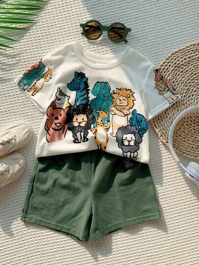 SHEIN 2pcs Baby Boys Casual Cute Animal Crayon Print Loose Fit Round Neck Knitted Top T-Shirt & Knitted Shorts 2 Pieces Set, Suitable For Spring/Summer Wear, Indoor And Outdoor